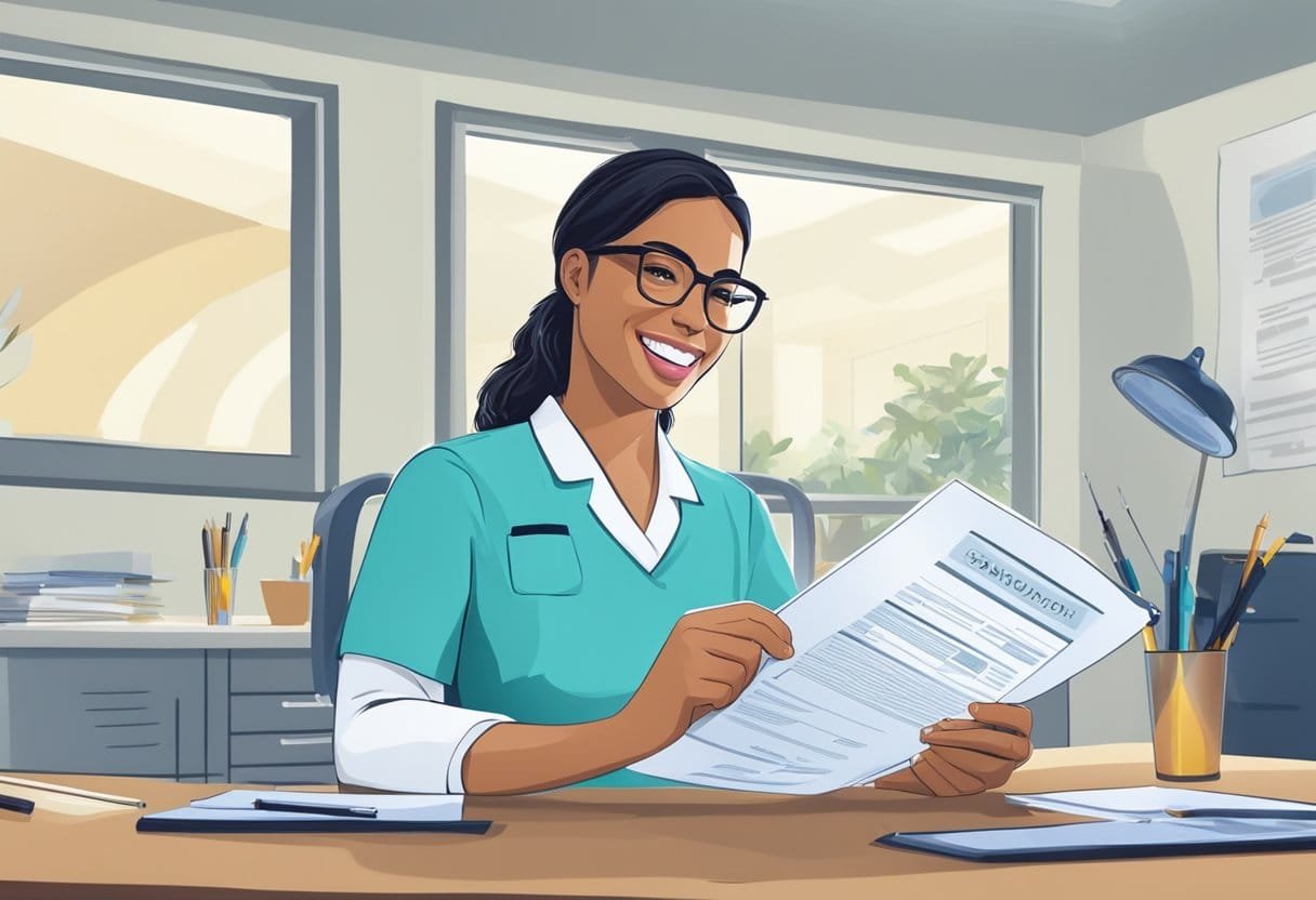 A dental assistant in Virginia examines a certificate and diploma, with a salary report in the background