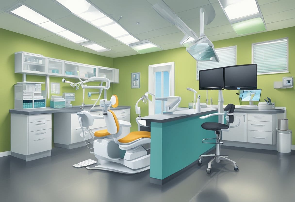 A dental office in Virginia, with a smiling dental assistant at the front desk, surrounded by dental equipment and a computer