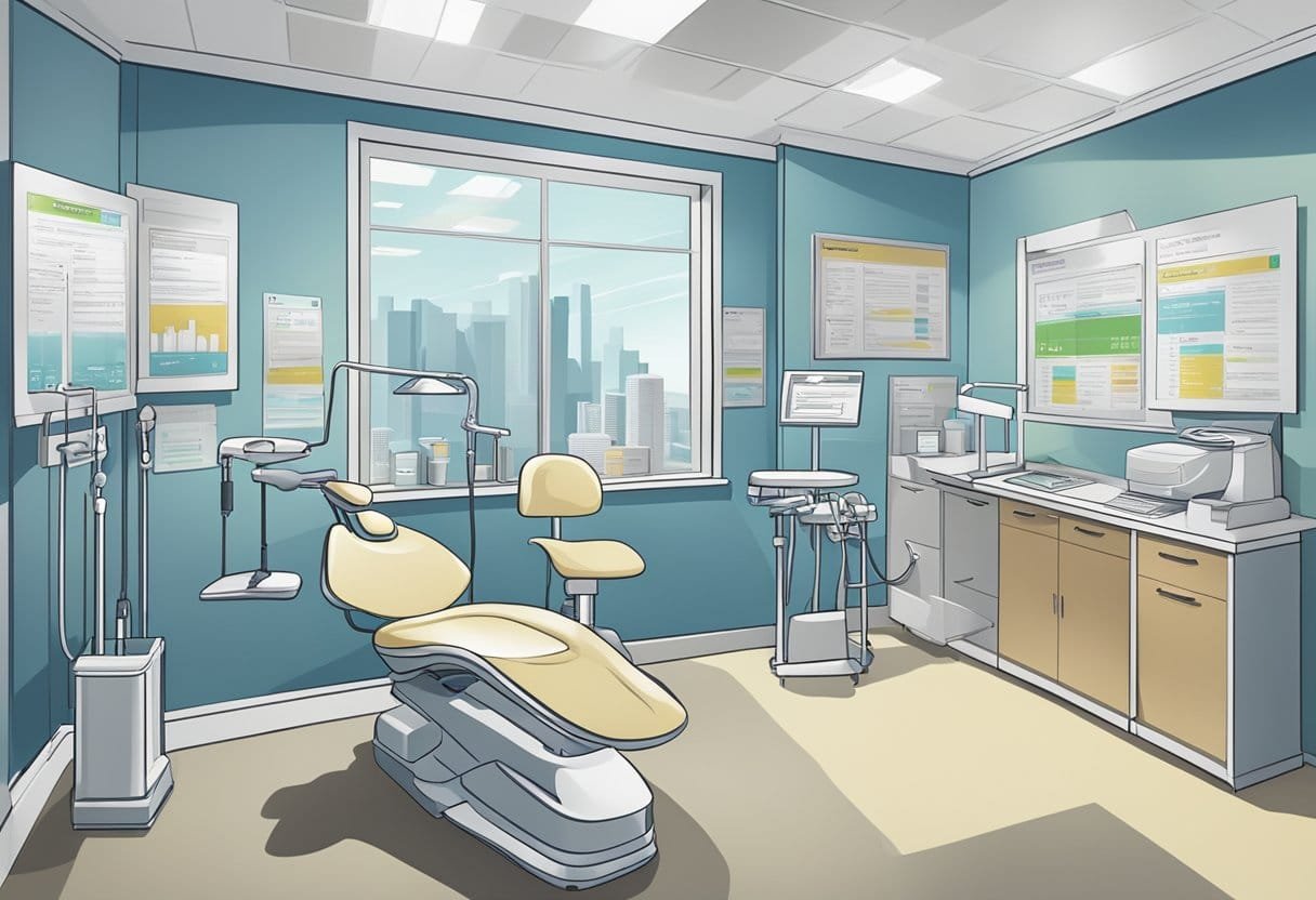 A dental office in Virginia with a sign advertising employment opportunities. Charts and graphs show job market trends and dental assistant salary information