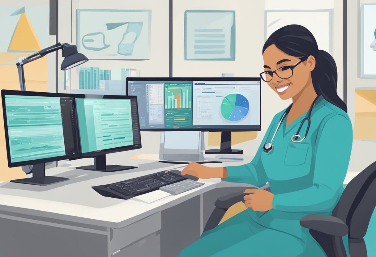 A dental assistant in Virginia compares wages on a computer screen